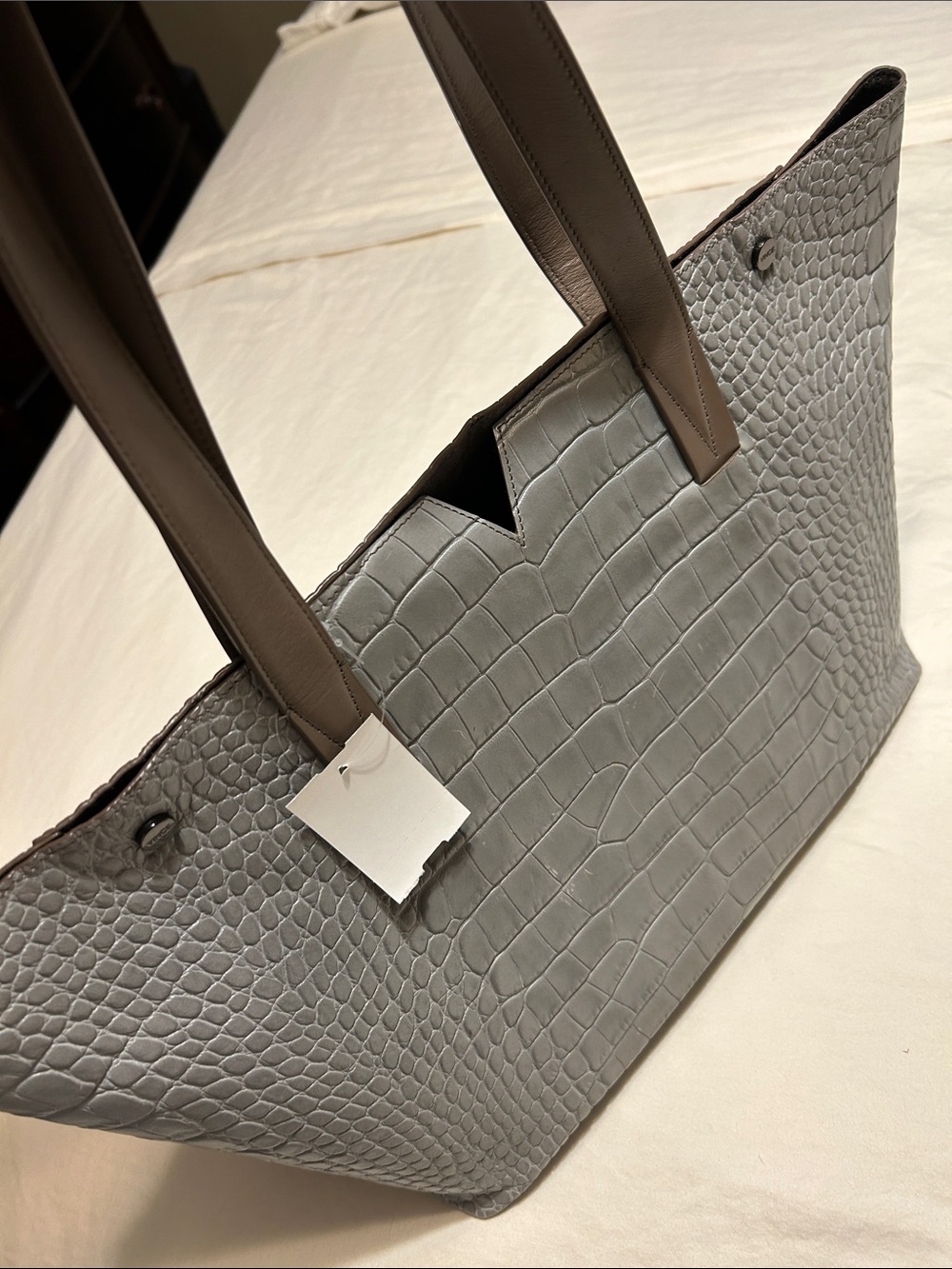 Vince Gray Croc-Embossed Tote with Taupe Handles